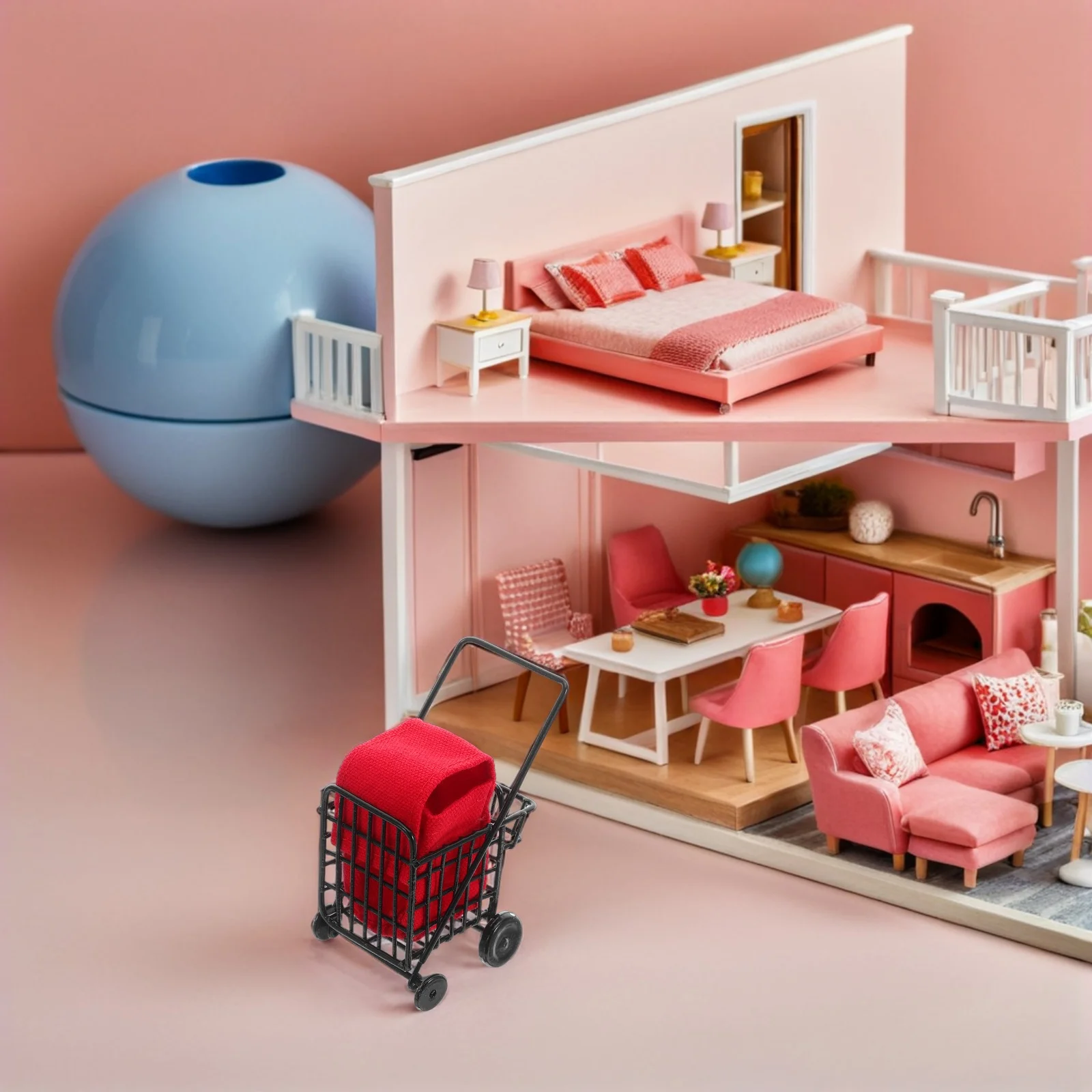 1:12 عربة تسوق صغيرة عربة بقالة معدنية لمطبخ الدمى مجموعة التظاهر ديكور المناظر الطبيعية الصغيرة #5
