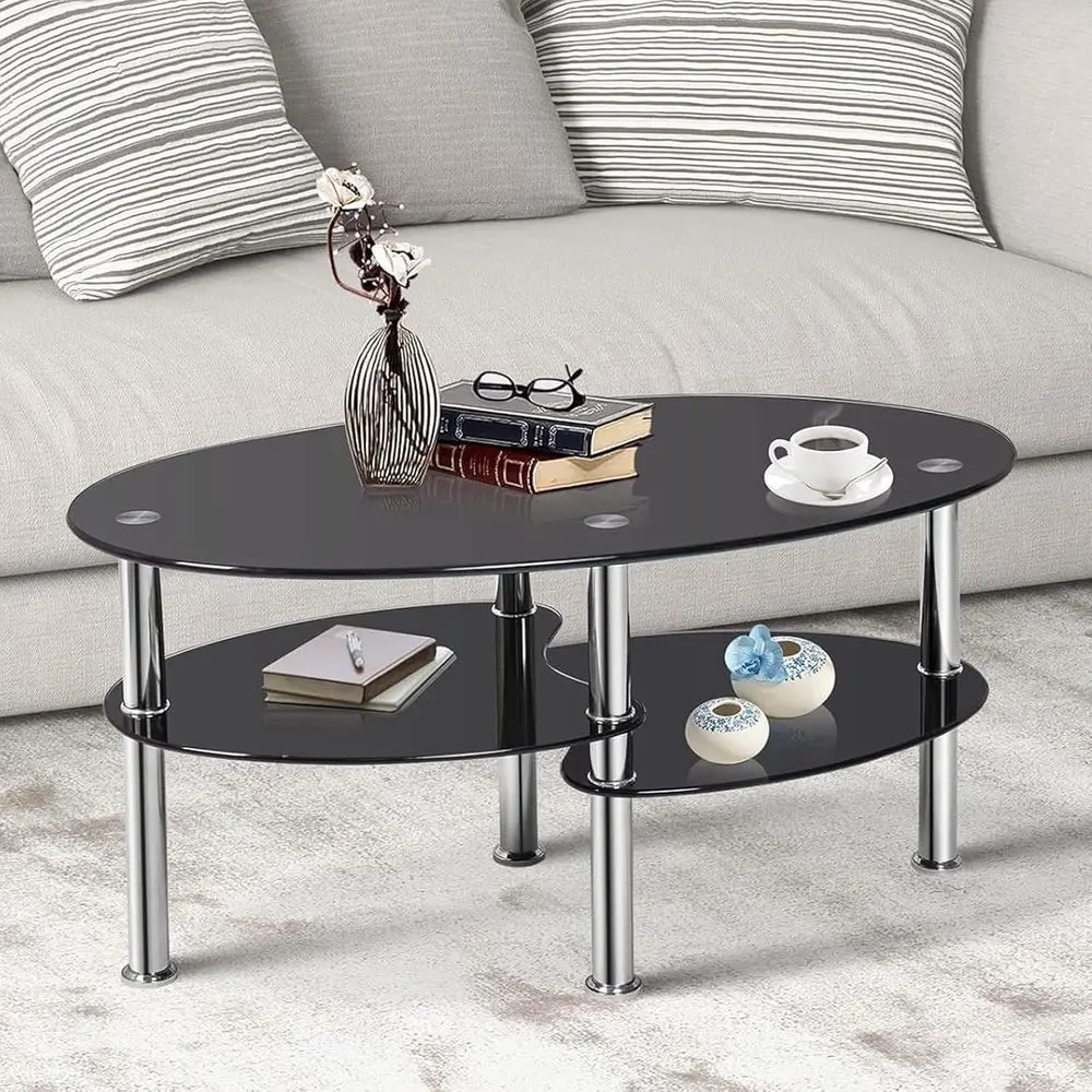 

Contemporary 3-Tier Metal Leg Sofa Side Table with Open Shelves for Living Room or Office (Black)