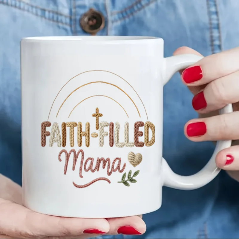 Faith-Filled Mama Colorful Print Ceramic Coffee Mug, 11oz 350ml Personalized Custom Cute Aesthetic Mug, Microwave Safe Mother's