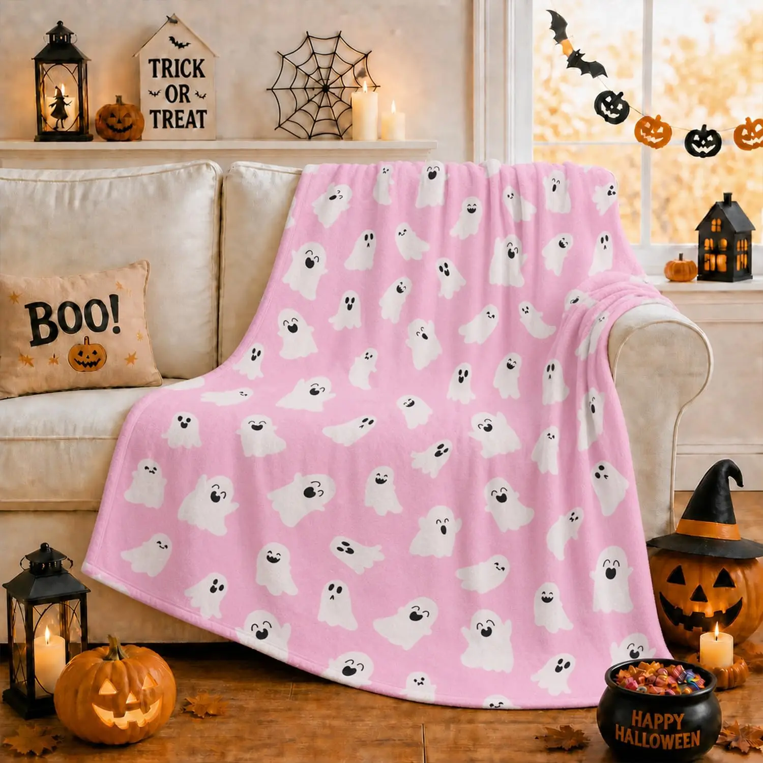 Halloween Blanket Cute Pink Ghost Throw Blankets Gift for Women Men 50