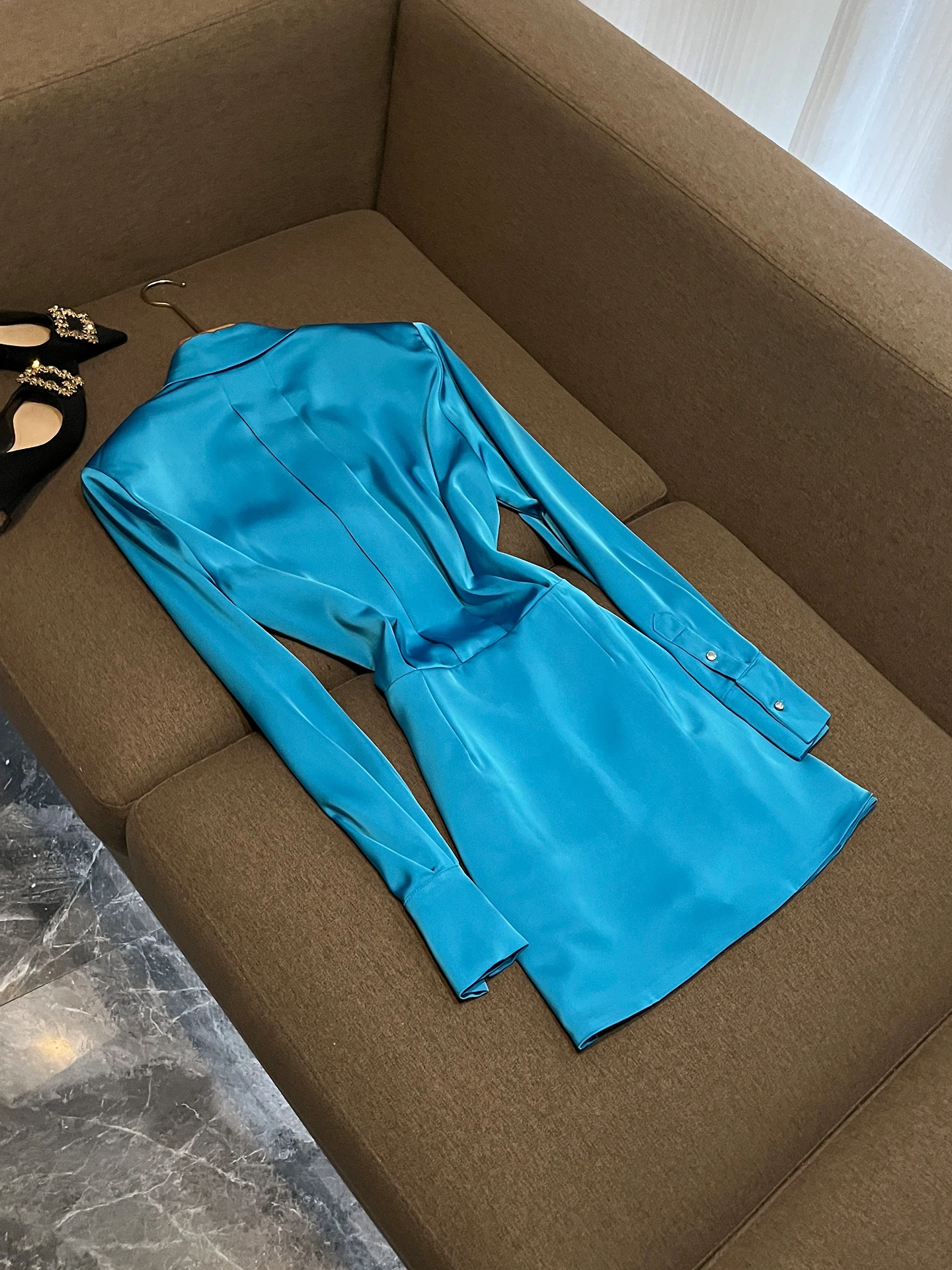 Elegant Blue Long Sleeve Women's Dress Slimming Waist Design Perfect for Year End Celebration Polyester Fiber Formal Wear