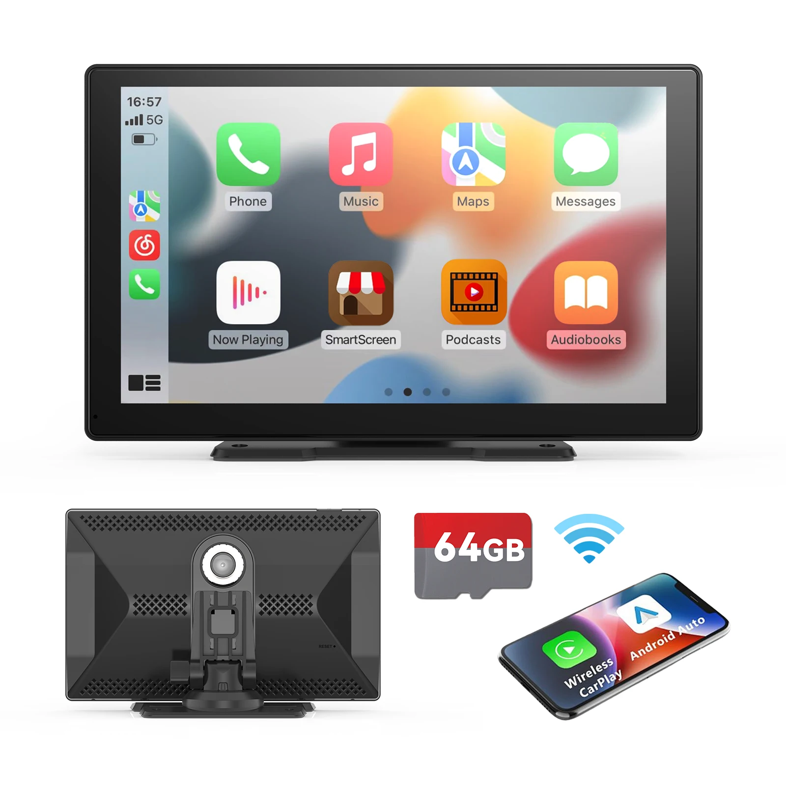 

9 Inches Portable Wireless CarPlay with 4K Dash Cam with 64G TF Card, Wireless Android Auto Car Play Screen for Car