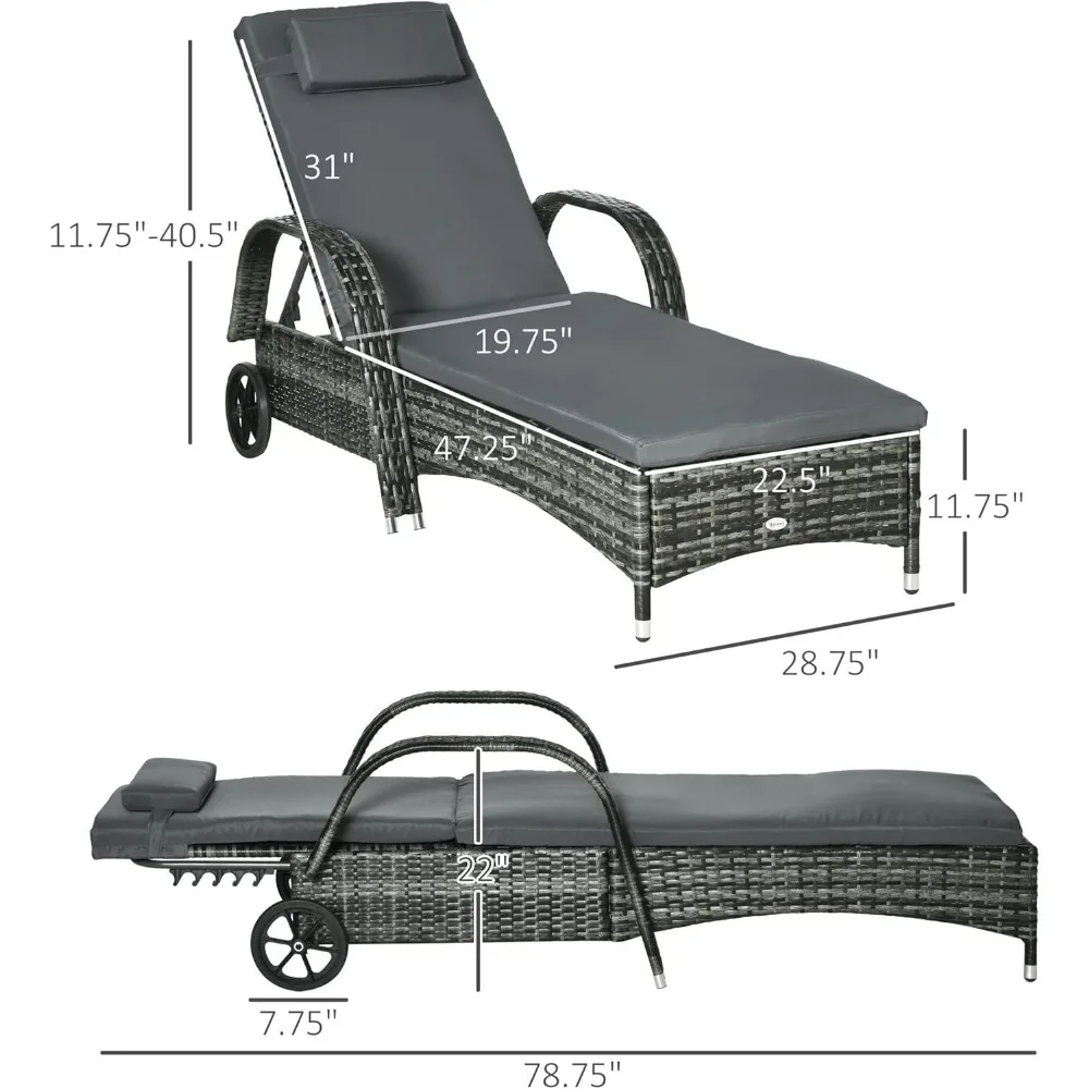 Conjunto de 2 espreguiçadeiras de vime para exterior, encosto ajustável de 5 níveis, espreguiçadeira de piscina de vime PE com rodas, almofada e encosto de cabeça,