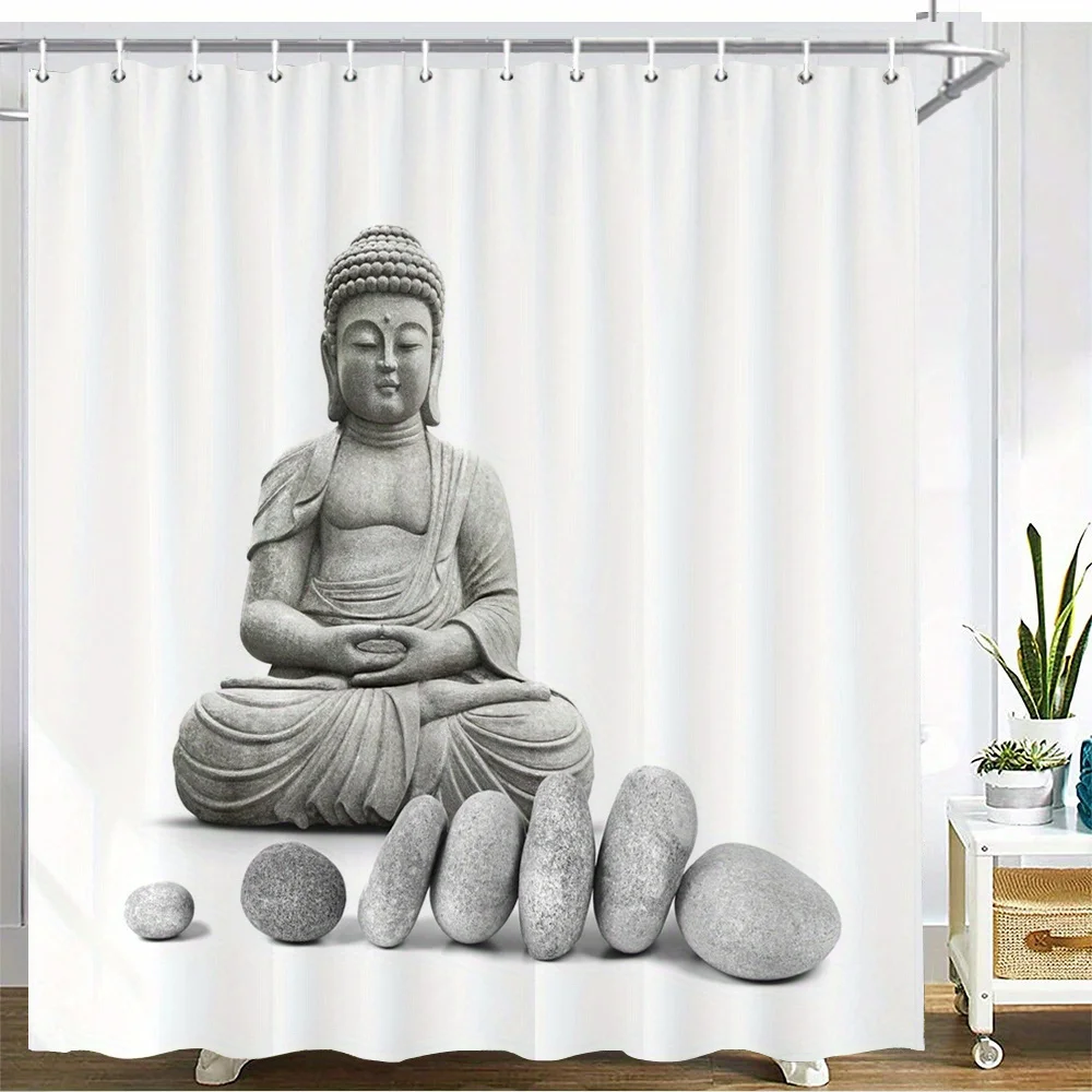 

Занавеска для душа Zen Buddha с изображением каменной статуи в позе лотоса, медитативная спокойствие и дзен-камни, 12 крючков, 70.87×70.87 дюймов, полиэстер