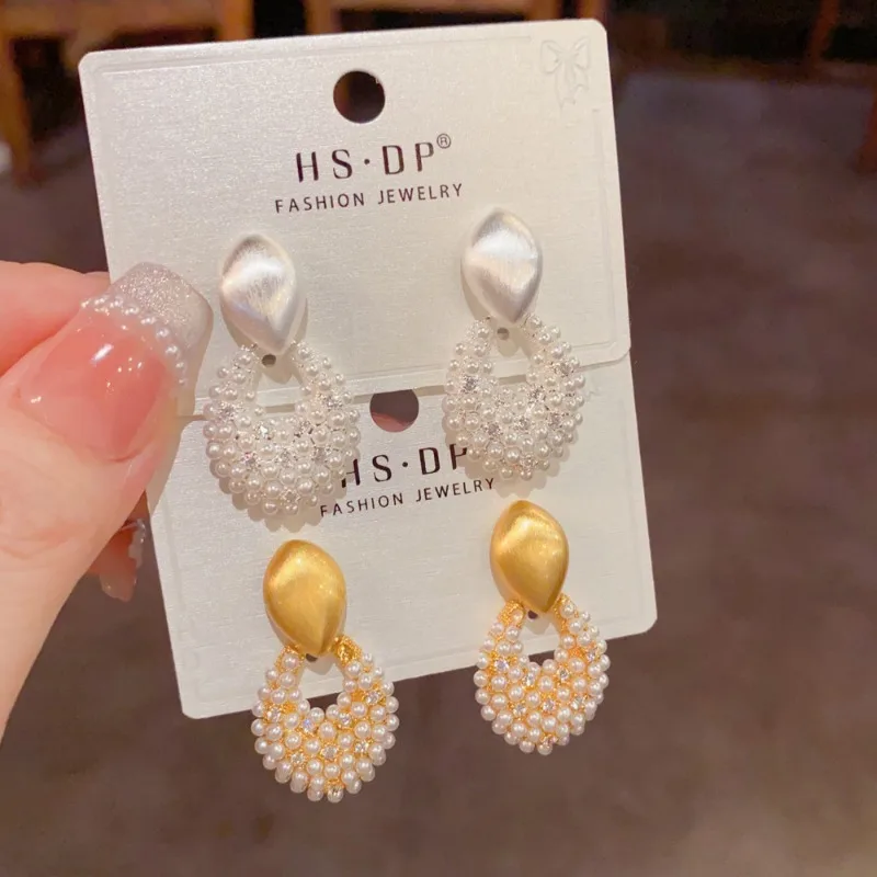Korean new design fashion jewelry 14K gold plated wire drawn metal oval pearl pendant earrings elegant women daily accessories