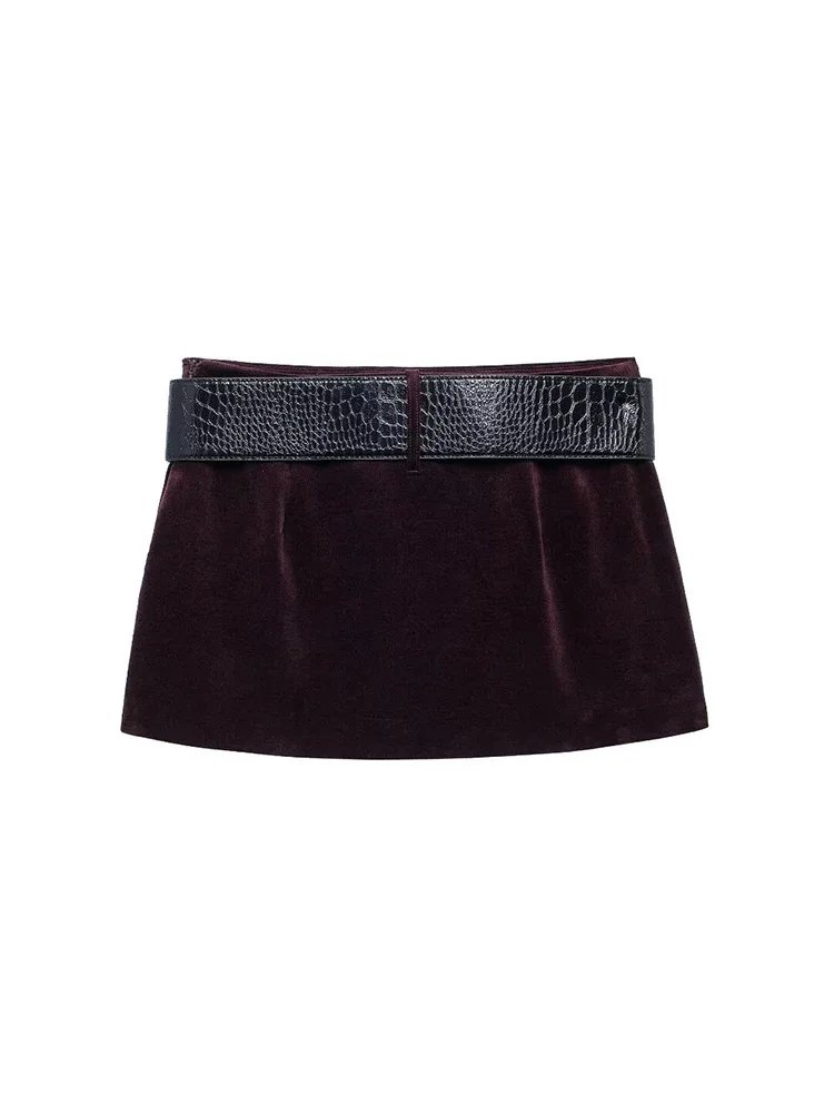 Willshela Women Fashion With Belt Wine Red Side Zipper Mini Skirt Vintage High Waist Female Chic Lady Skirts