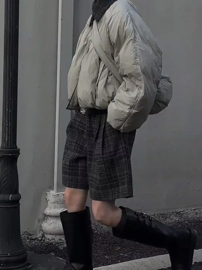 European Plaid Woolen Shorts For Women In Autumn And Winter 2025, New Elastic Waisted Fashionable Loose Boots And Pants