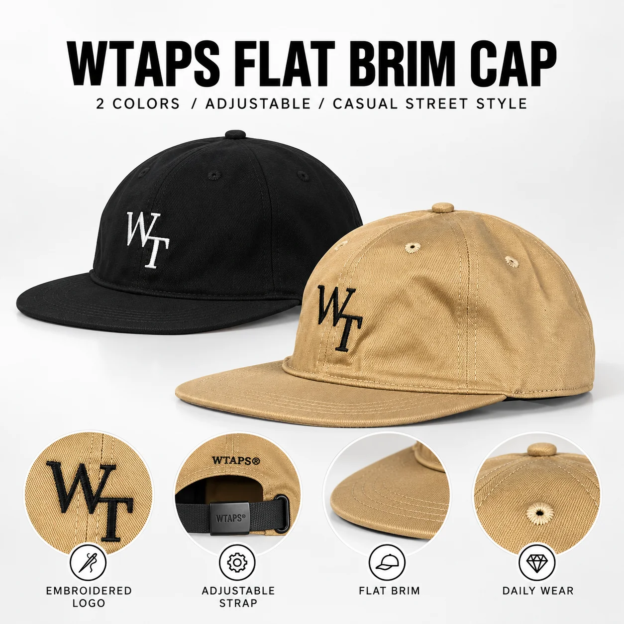 WTAPS Minimalist Embroidery Flat Bill Baseball Hat Unisex Oversized Fit Casual  Hip Hop Cap for Men Women Couple Outdoor Sun Hat