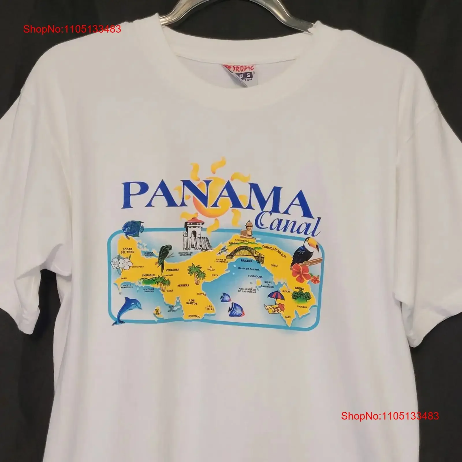 تي شيرت VTG بنما قناة بيضاء خريطة للكبار M Beachy الاستوائية خمر غسلها ملابس الشارع الشهير للارتداء اليومي عادية قليلاً