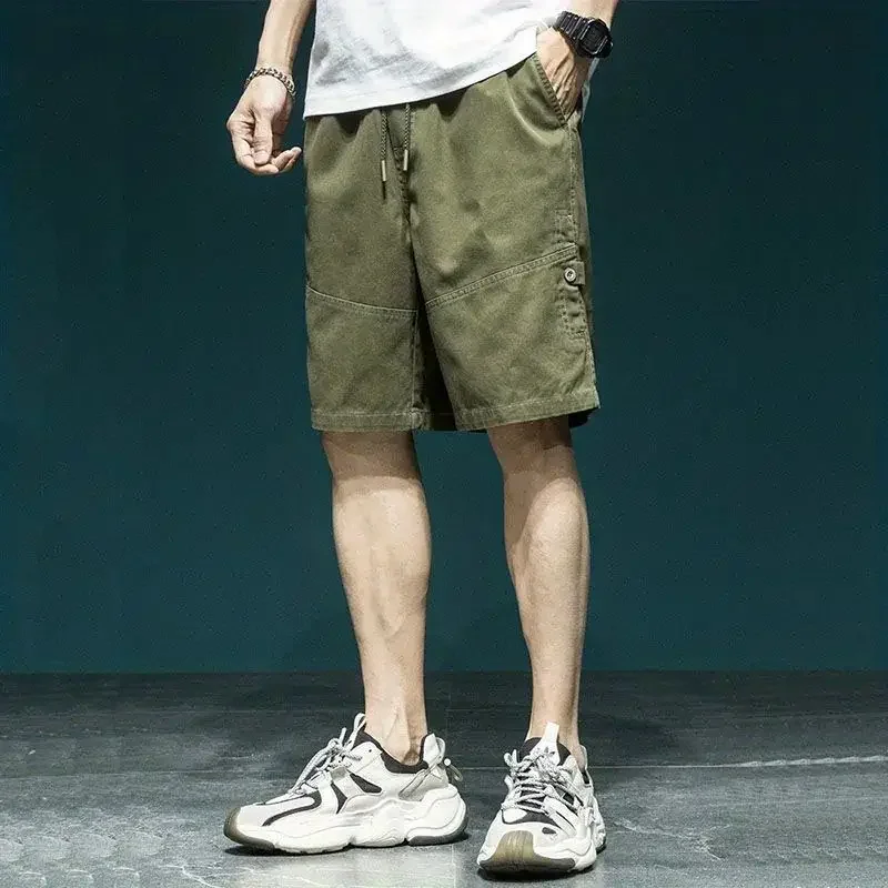 With Pockets Men's Cargo Shorts Draw String Half Baggy Solid Bermuda Male Short Pants Elastic Waist Loose Long Wide Summer Y2k