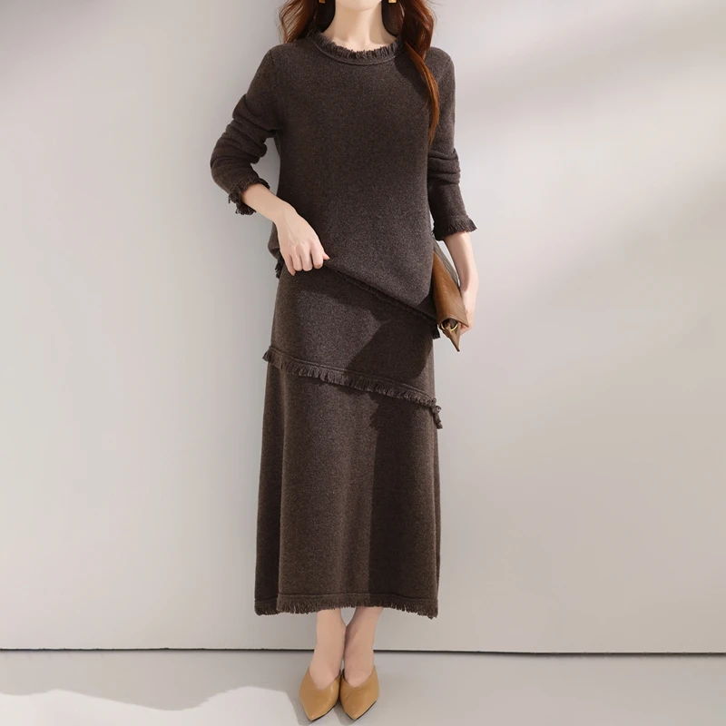 Autumn And Winter 100% Pure Wool Knitted Suit Women's Round Neck Pullover New Skirt Two-Piece Thickened