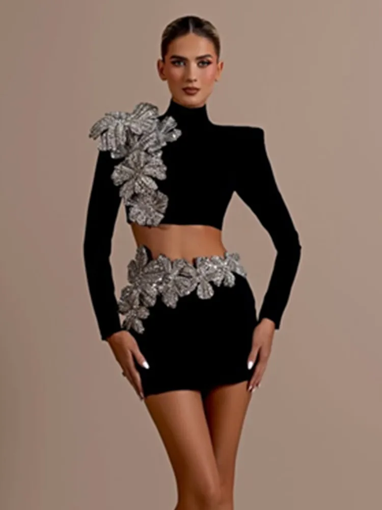 Women Sexy Long Sleeve Flower Diamonds Black Mini Two Pieces Skirt Bandage Set 2025 Celebrity Designer Fashion Women's Set