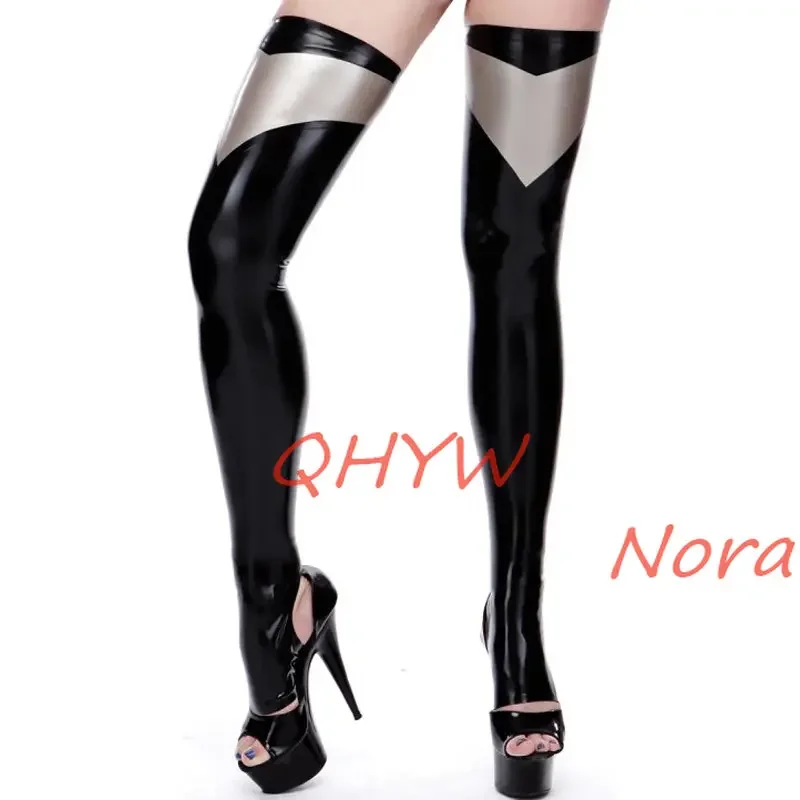 Handmade Latex Stockingg Black with Silver Rubber Long Tight Socks for Women Wear with Dress Cosplay Costumes