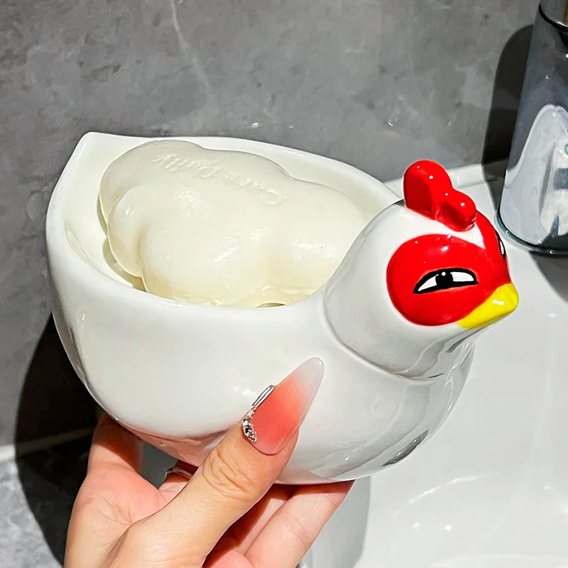 

Cute Chicken Ceramic Soap Box Drain Home Cartoon Toilet Bath Soap Box Soap Dish Storage Rack Ornament