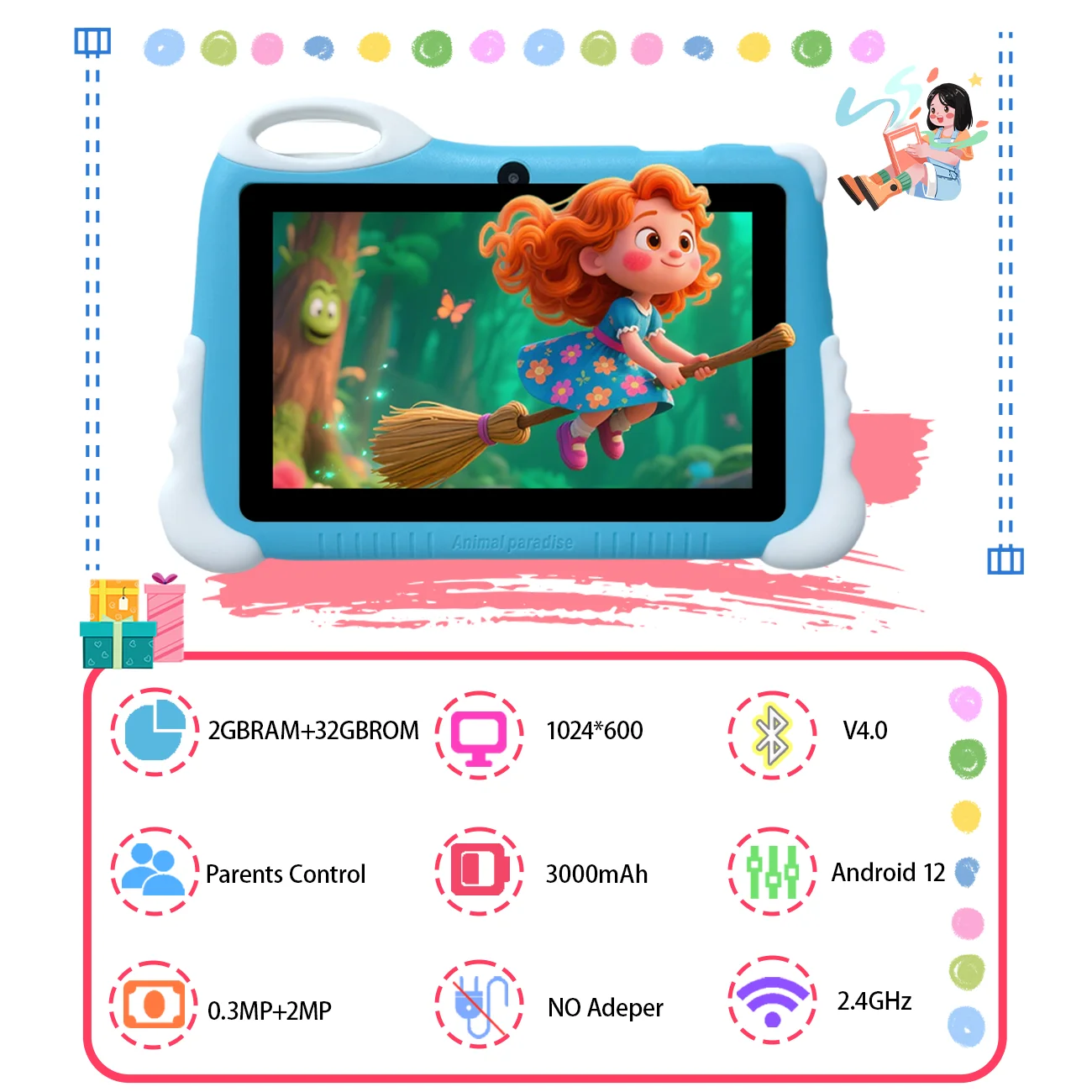 Tablet per bambini da 7 pollici Doppia fotocamera WiFi Controllo parentale I migliori regali per bambini Android Gioco per bambini Apprendimento educativo