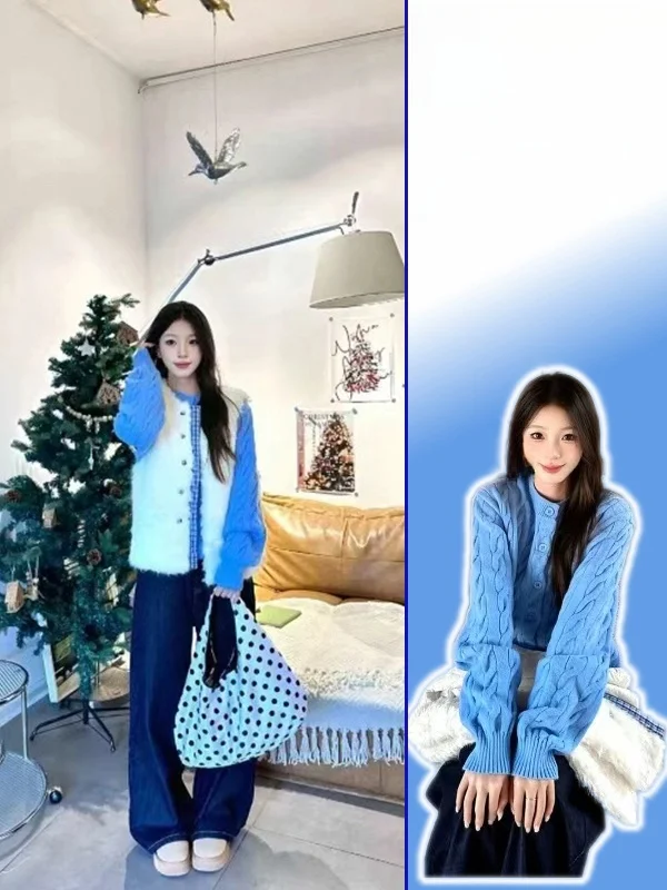 

Spring Autumn Lamb Fur Vest Knitted Sweater Women plus Size Faionable Two-Piece Set High Waist Trousers Warm Winter Wear