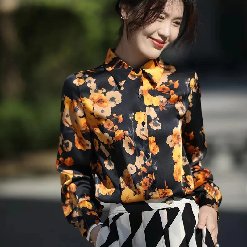 

Fashion Polo Collar Long Sleeve Printed Satin Blouses Women's Clothes 2025 Spring Autumn New Loose All-match Tops Commuter Shirt