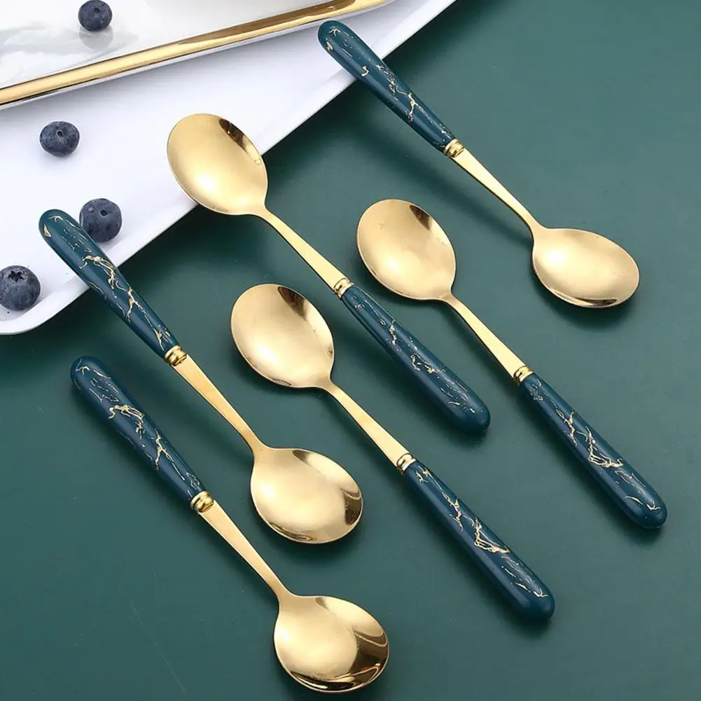 1PC Stainless Steel Cutlery Spoon Set Multipurpose Ice Cream Milk Coffee Stirring Spoon Vintage Marble Sztućce Spoon Set