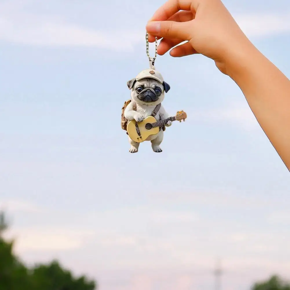 Cartoon Pug Pendant Acrylic Pug Puppy Hanging Ornament for Christmas Tree Car Rearview Mirror Guitar Dog Cartoon for Home