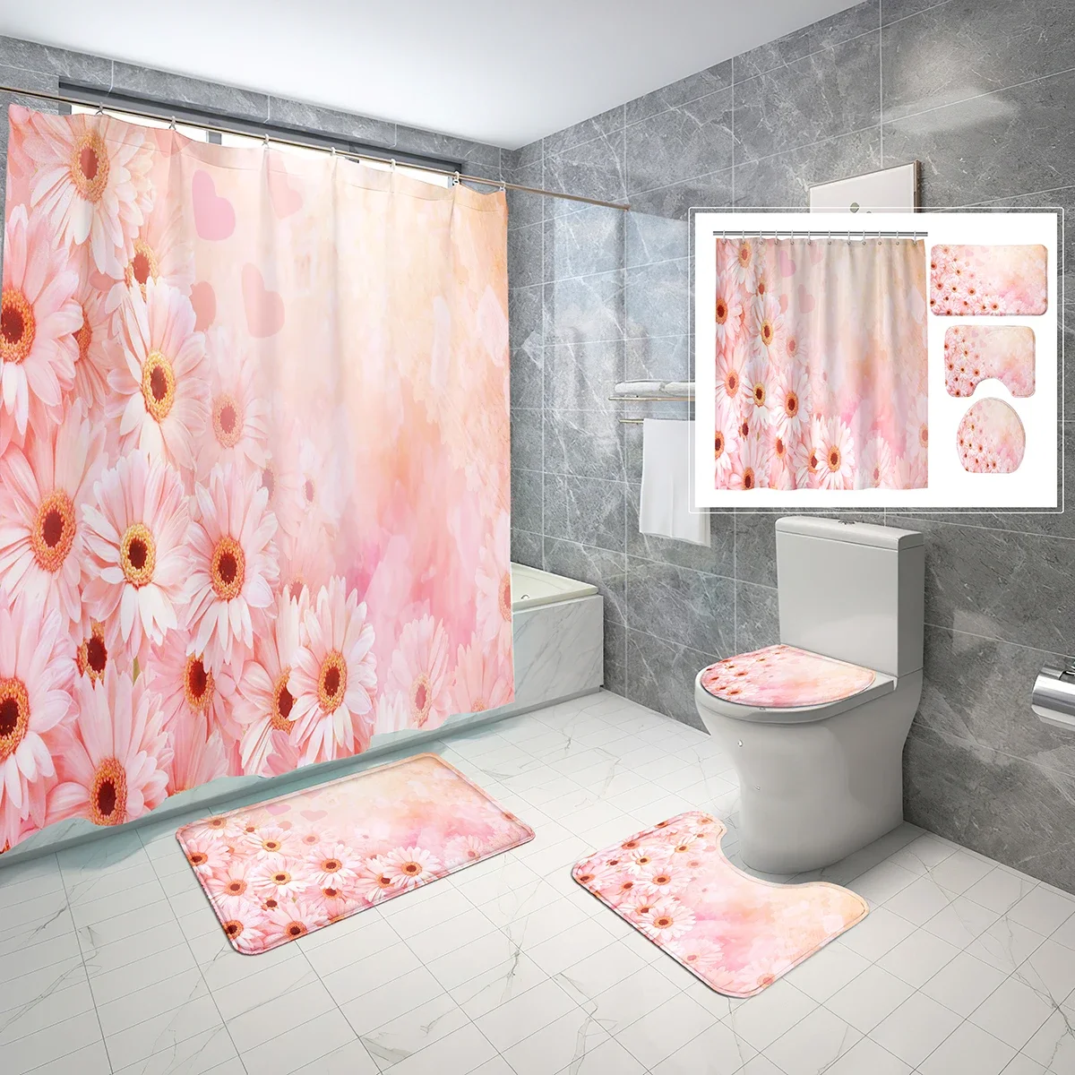 4 PCS Floral Shower Curtain Set,Creativity Colorful Artistic Bathroom Waterproof Bath Curtain,Non-Slip Bath Mat Toilet Cover Set