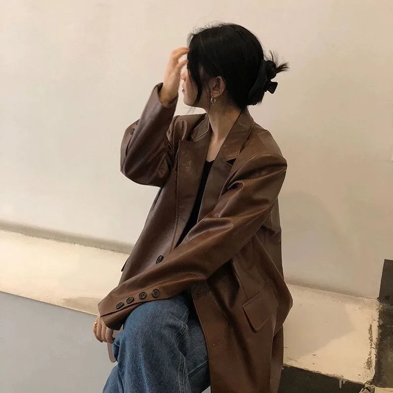 

Spring and Autumn New Korean Style Loose Retro Brown Leather Suit Loose Casual Suit Jacket for Women Fashionable High-end Coat