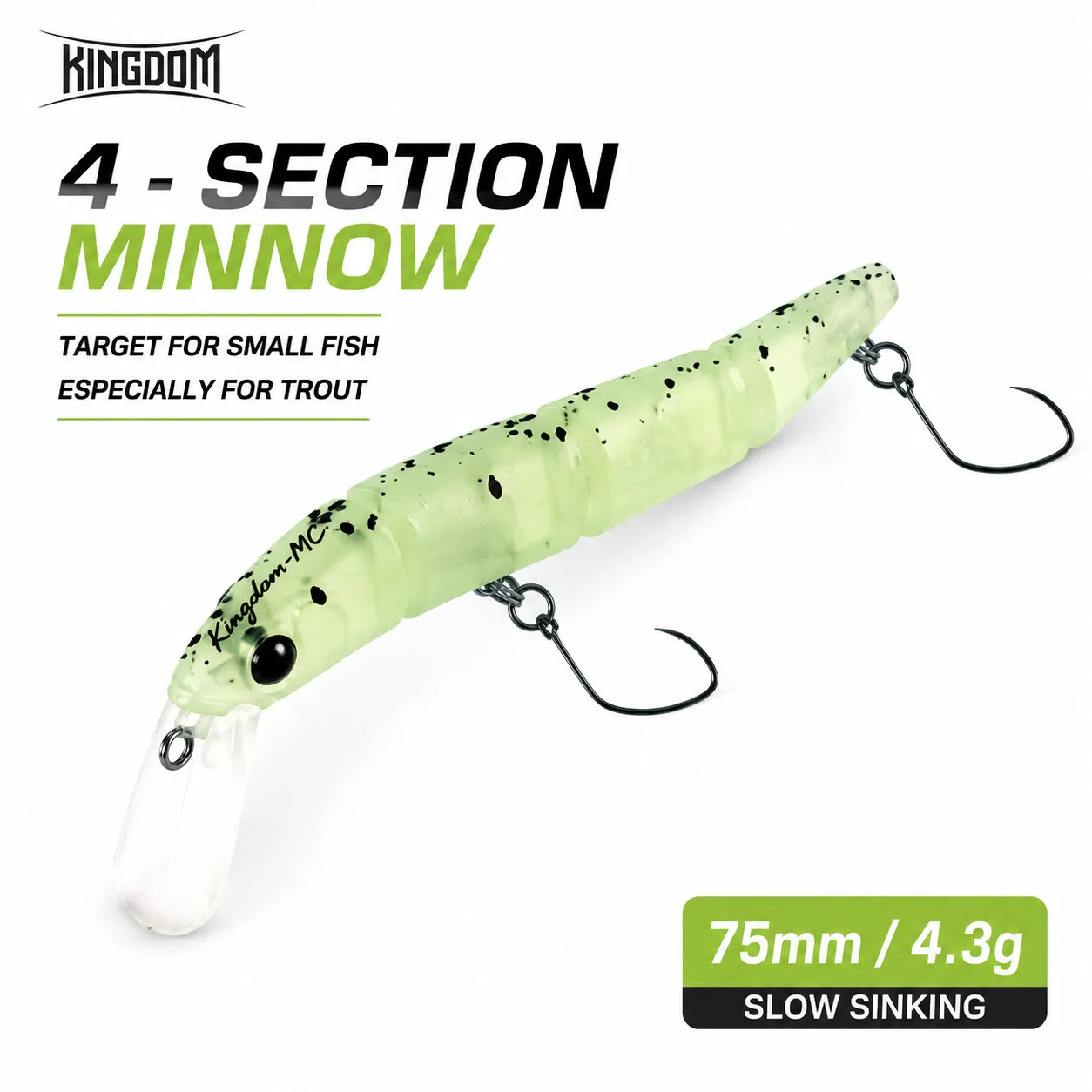 Kingdom Jointed Angelköder, 70 mm, 4,3 g, sinkender 4-teiliger Minnow-Köder, Einzelhaken, harter Wobbler, Süßwasserbarsch, künstlicher Köder