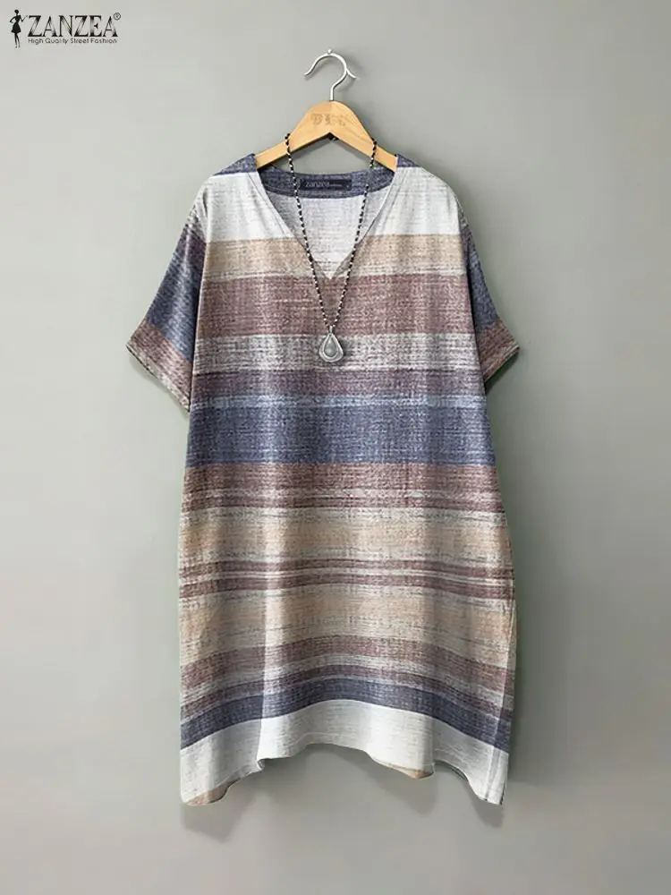Elegante abito da donna a righe in colore a contrasto Estate 2025 Scollo a V Manica corta Allentato Casual T-shirt al ginocchio Abiti da indossare ogni giorno