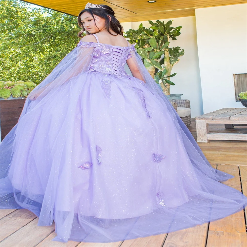 Lila Nieuwe Bloem Meisje Jurk Cape Mouw Verjaardag Modeshow Eerste Sacrament Verjaardag Bruiloft Bruidsmeisje Jurk Maatwerk