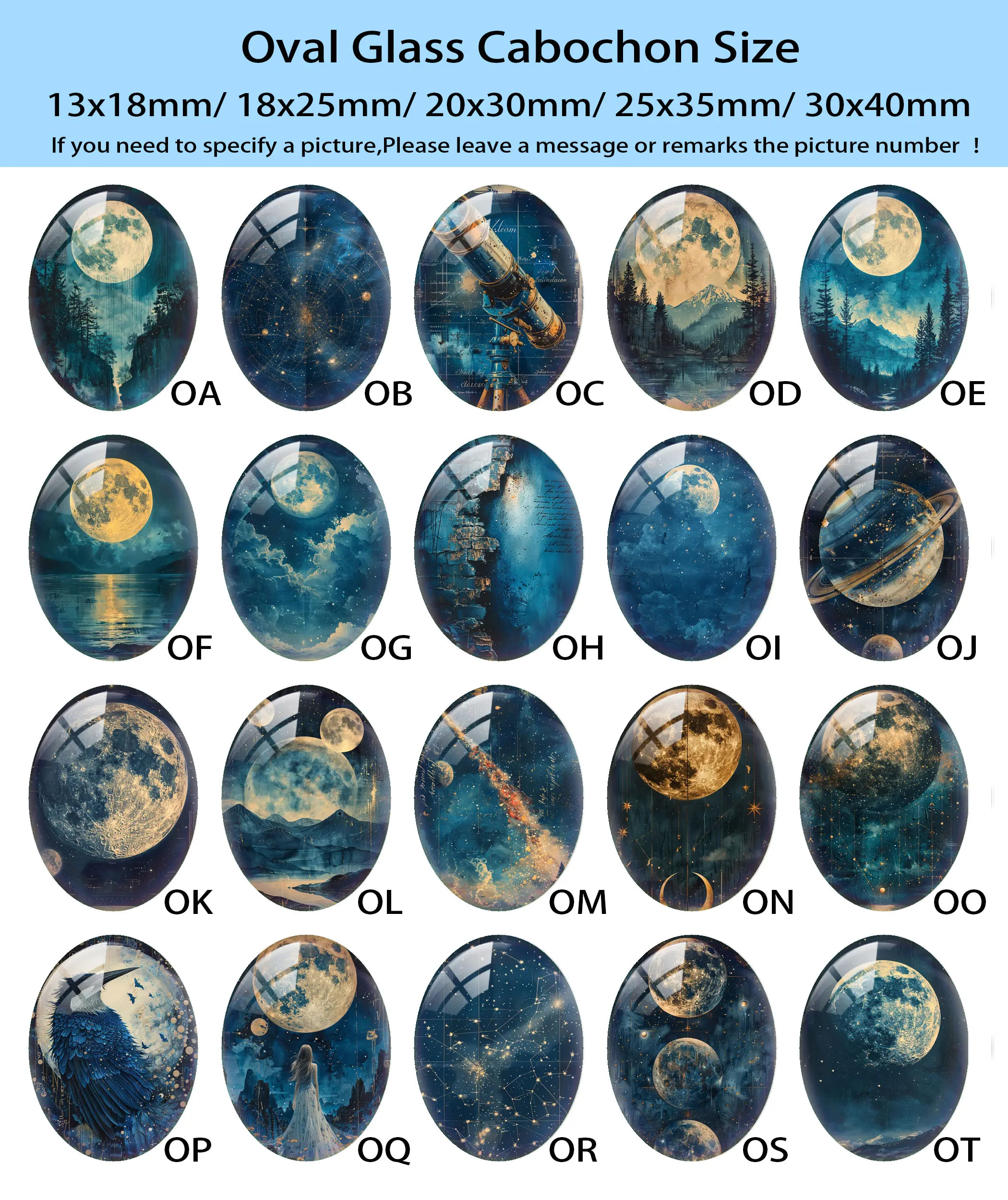 Random Mixed Round/Oval/Square Deep Blue Starry Night Sky Moon Photo Glass Cabochon Flatback Demo Cameo For Diy Jewelry Making - view 5