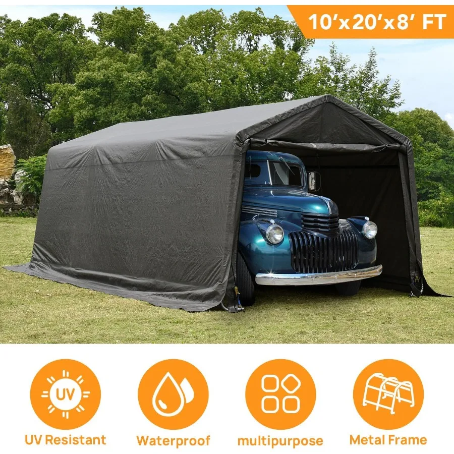 Portable Carport Canopy For Outdoor Storage Shed Use, Steel Frame With Waterproof Gray Cover, Peak Roof Design