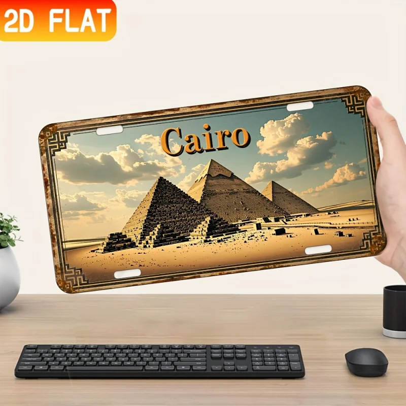 لوحة لافتة ديكور جدارية معدنية عتيقة من الألومنيوم مكونة من قطعتين - تصميم كايرو بيراميدز ريترو، فن للمنزل والمقهى والمطعم