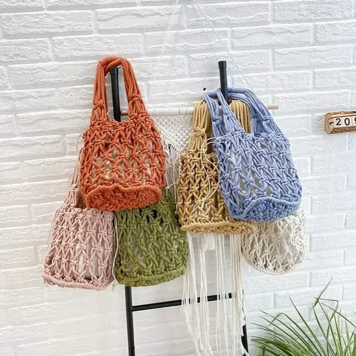 Cotton Thread Tote Handbags Solid Color Hollow Out Handmade Woven Crochet Shoulder Bags for Women