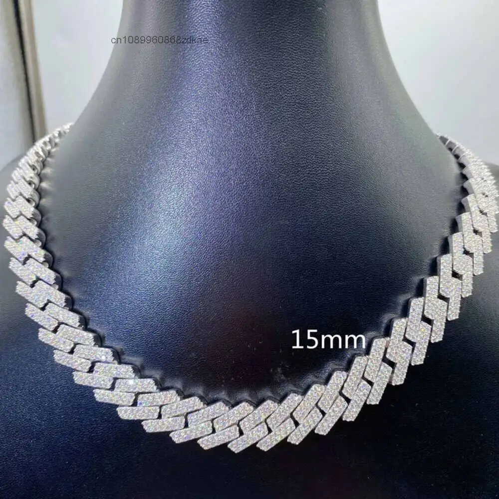 Luxury Pass Test Diamond Sterling Silver 925 Moissanite Cuban 15mm Necklace Men Hiphop Jewelry.