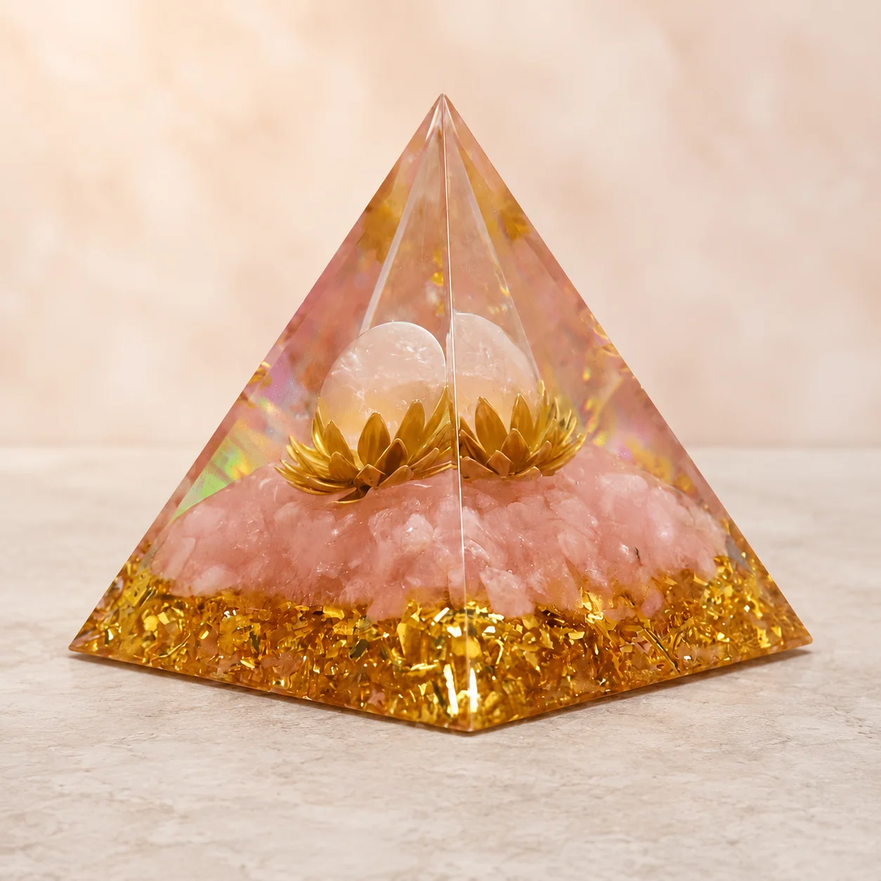 Orgonite Orgone Pyramid Rose Quartz Sphere With Golden Lotus Natural Rose Quartz Chips Resin Crystal Pyramid Handmade Home