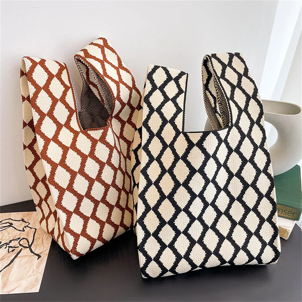 Fashion Plaid Knitted Bag Handbag Handmade Shoulder Bag Lady Leisure Tote Korean Mini Knot Wrist Bag Eco Friendly Grocery Pouch