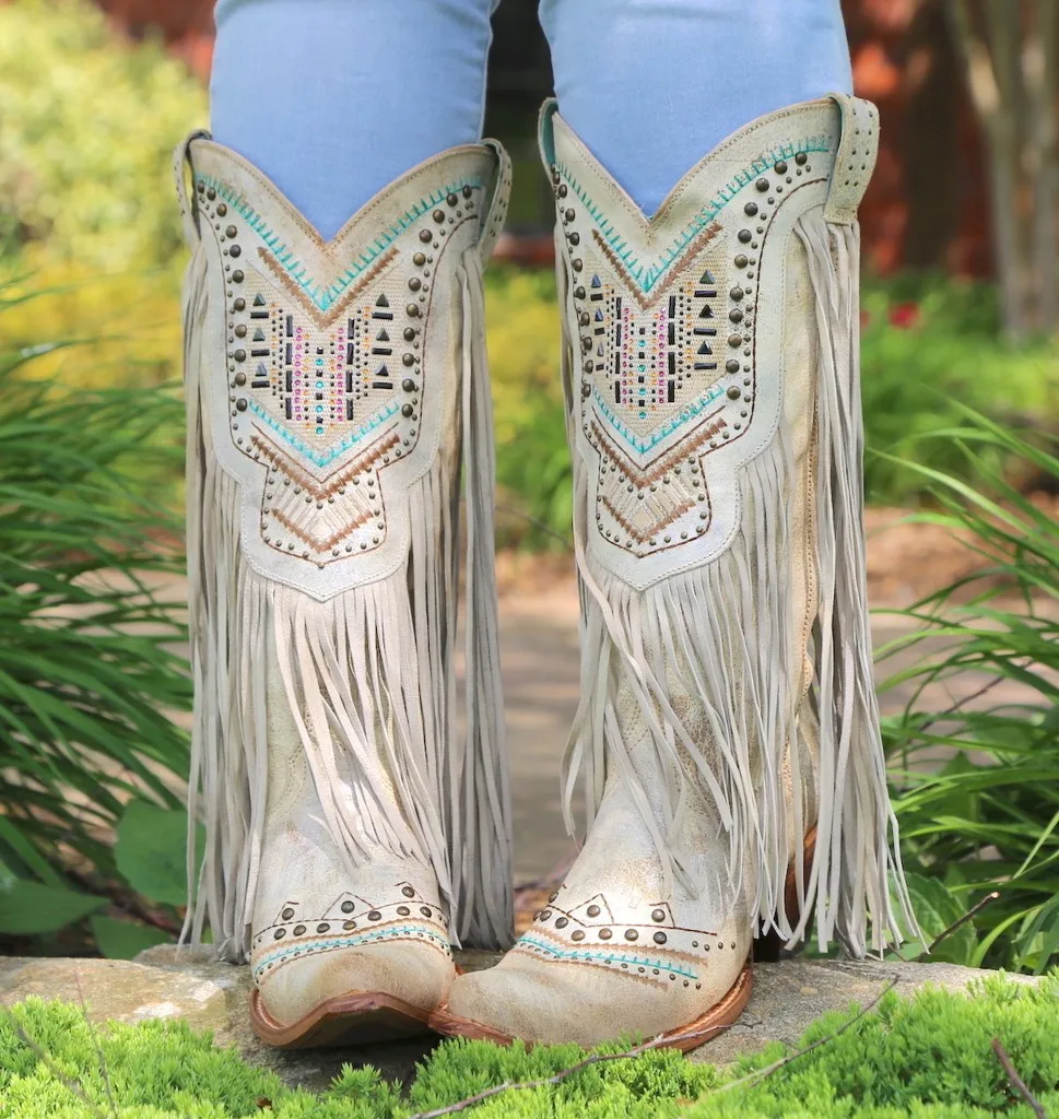 V Collar Rivet-Embellishment Embroidery Leather Fringing Knee High Cowgirl Boots Tassels Flower Curved Toe Block Heels Shoes