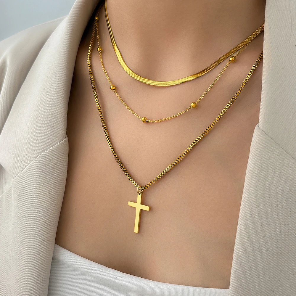 Stainless Steel Necklaces Fashions Temperament Crucifixion Pendant Multilayer Chain Necklace For Women Jewelry Birthday Gift New