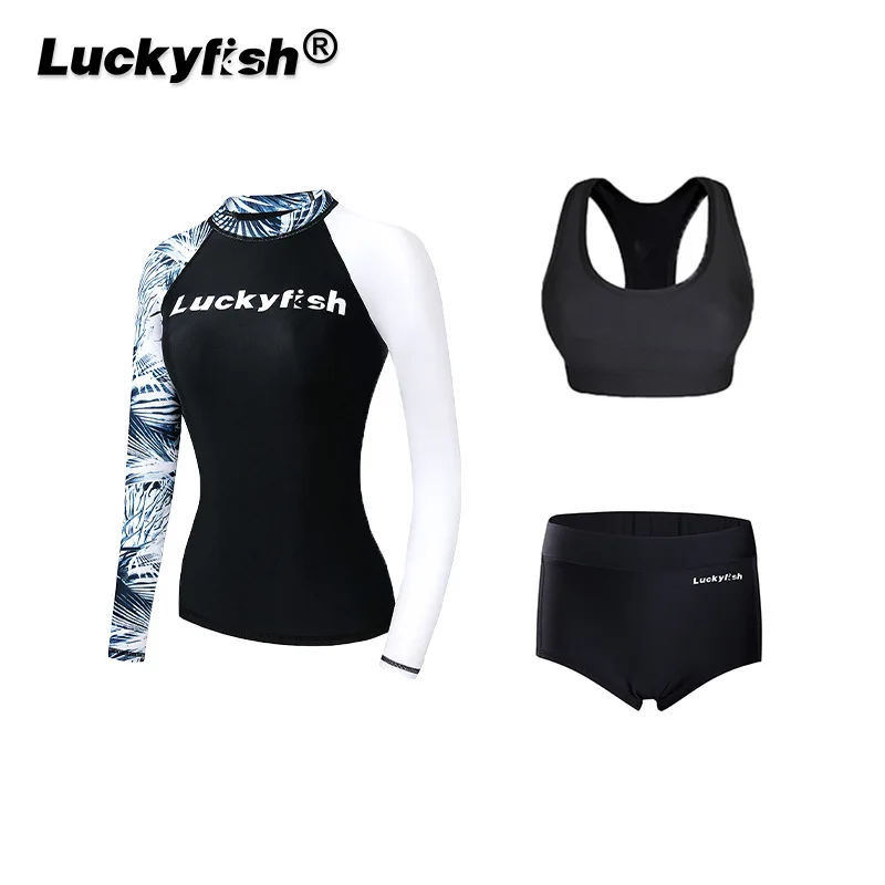 النساء 3 قطعة طويلة الأكمام مقاوم للماء دنة الاستحمام طفح الحرس قميص جذوع تنورة UPF50 + سريعة الجافة الشاطئ تصفح ملابس رياضية #3