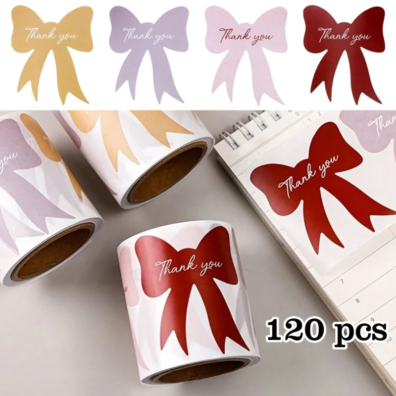 HX6A 120Pcs Ribbon Bowknot PVC Sticker Adhesive Thank You Labels Sticker for Birthday Wedding Party Gift Packaging Decoration