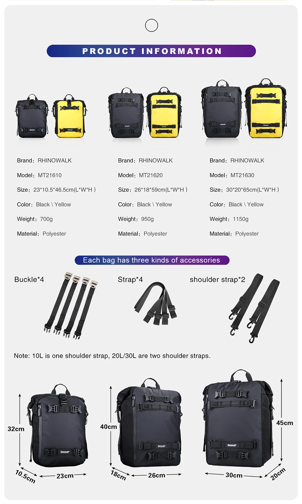 Rhino walk Motorrad Seiten tasche mit Basis wasserdicht 6l/8l/10l/15l Motor Rücksitz Tasche Rack Motocross Aufbewahrung rucksack – Detail 12
