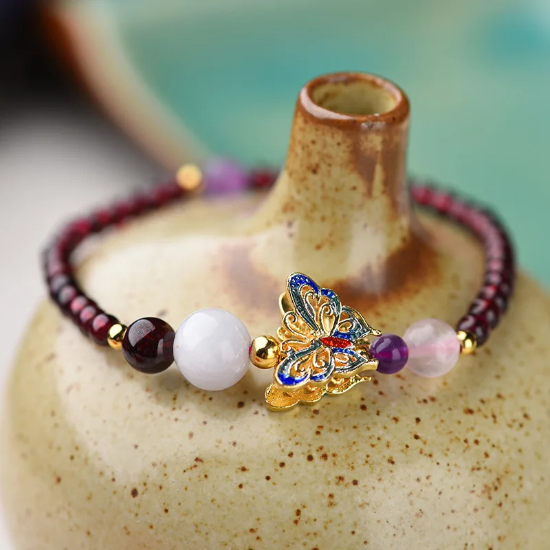 

Garnet Retro Ethnic Style Single Circle Bracelet Women's Cloisonne Butterfly Simple Antique Style Girlfriend Hand Jewelry Gift