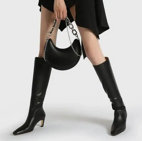Drop Shipping Women Black Brown Genuine Leather Square Toe 5 CM Kitten Heel Tube Slip On Knee High Boots Ladies Concise Boots