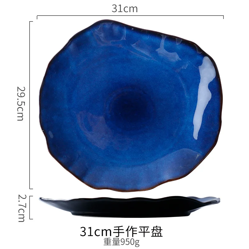 Ceramic Plates Deep Blue Irregular Flat Plate Pottery Dish Household Decoration Tableware Dinnerware Tray Hotel Kitchen Supplies