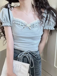 Summer Blue Japanese Kawaii T-Shirts Women Lace France Elegant Puff Sleeve Tops Female Sweet Bow Korean Casual Clothing 2023 New