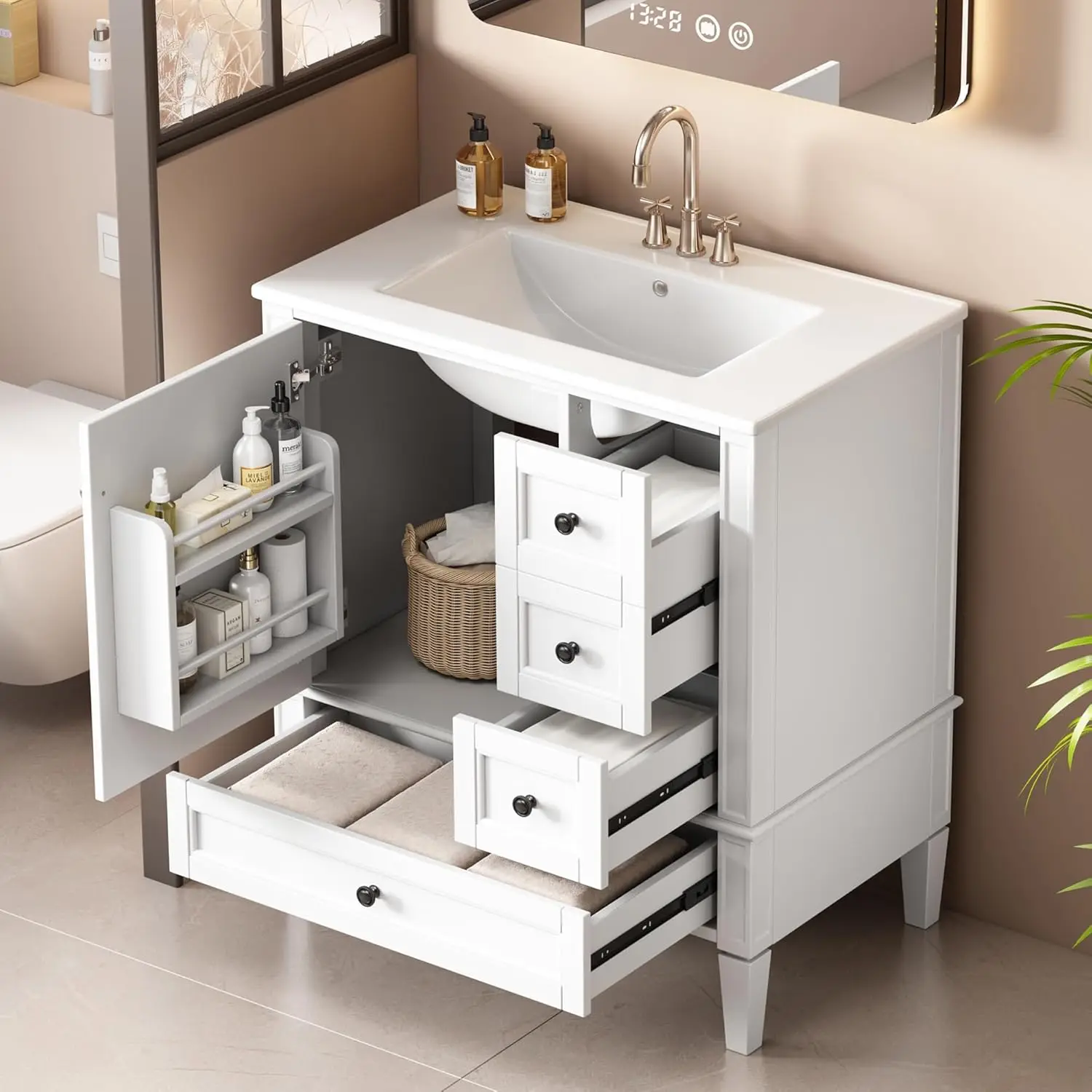 

30in Bathroom Vanity Sink Freestanding Cabinet 3 Drawers 1 Door Organizer Wood Frame Ceramic Top Customized