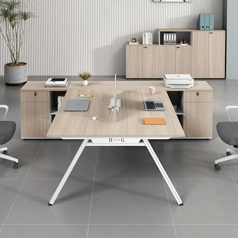 Financial office desk and chair combination, double sitting face-to-face staff table 2 people 4 people with storage cabinet T-sh