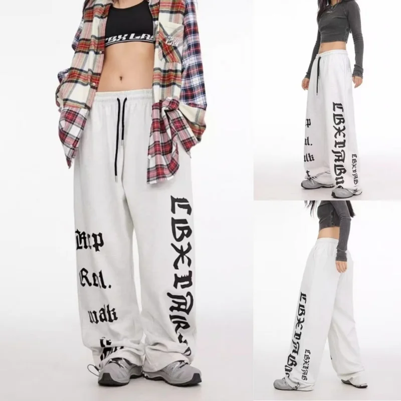 Pantaloni larghi da donna con coulisse elastica Pantaloni alla moda con stampa di lettere a gamba larga Pantaloni casual dritti Hip Hop Streetwears