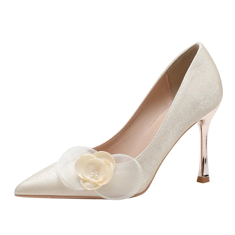 Large/small Size 30-44 Satin Stiletto Heel Pointed Toe Women's Flower Solid Color Beige Sardine Fabric Thin Heel Dress Shoes