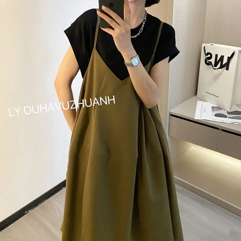 Loose Ladies Two-piece Suit Casual Oversized Solid Color Tops Simplicity Camis Dresses Summer Thin Pullovers Women's Clothing