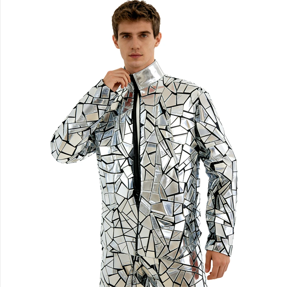 Silver Mirror-Finish Men's Masquerade Costume Reflective Dance Crew Outfit Bar Stage Performance Wear Holiday Party Attire